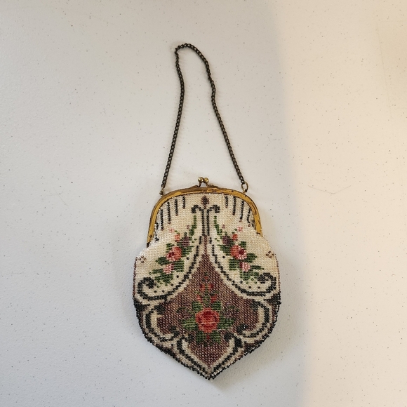 Vintage Handbags - Vintage Brass Frame Micro Beaded Floral Design Purse Bag Art Deco 1920s 1930s